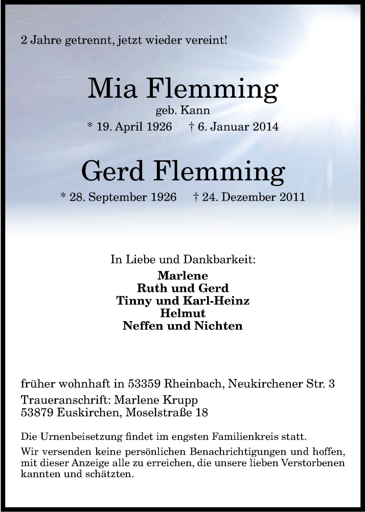  Traueranzeige für Mia Flemming vom 11.01.2014 aus Kölner Stadt-Anzeiger / Kölnische Rundschau / Express