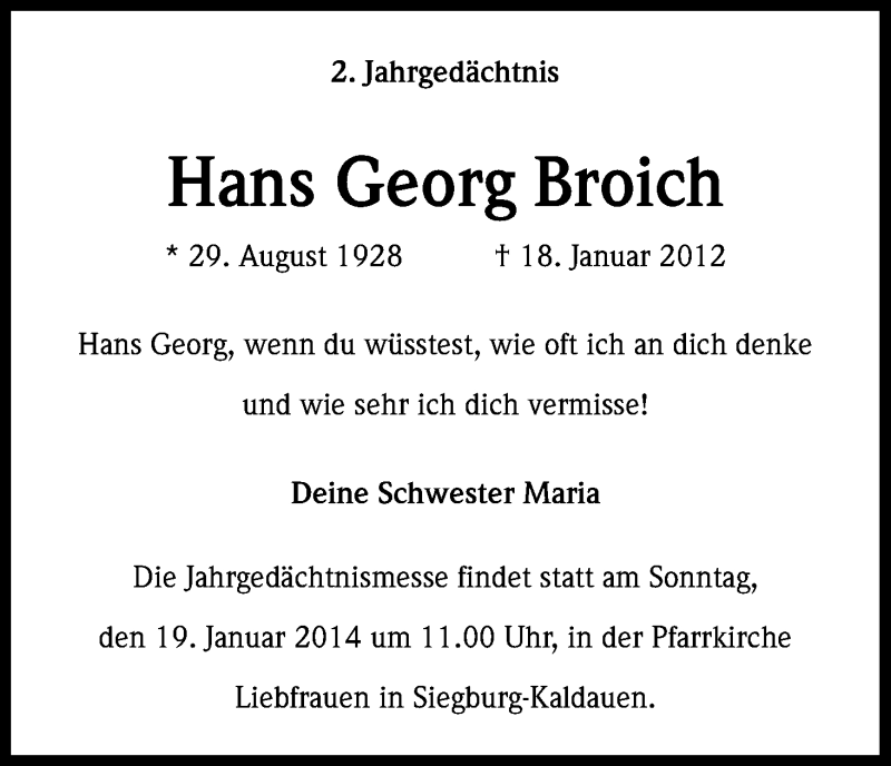  Traueranzeige für Hans Georg Broich vom 11.01.2014 aus Köln - Wir Trauern