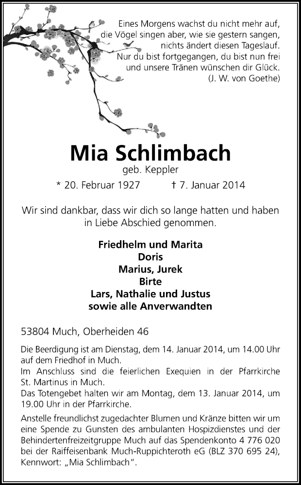  Traueranzeige für Mia Schlimbach vom 11.01.2014 aus Kölner Stadt-Anzeiger / Kölnische Rundschau / Express