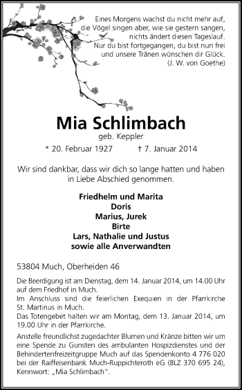 Anzeige von Mia Schlimbach von Kölner Stadt-Anzeiger / Kölnische Rundschau / Express