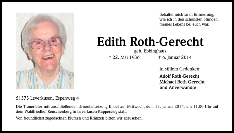  Traueranzeige für Edith Roth-Gerecht vom 11.01.2014 aus Kölner Stadt-Anzeiger / Kölnische Rundschau / Express