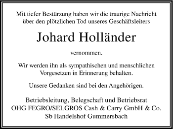 Anzeige von Johard Holländer von Kölner Stadt-Anzeiger / Kölnische Rundschau / Express