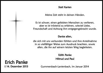 Anzeige von Erich Panke von Kölner Stadt-Anzeiger / Kölnische Rundschau / Express
