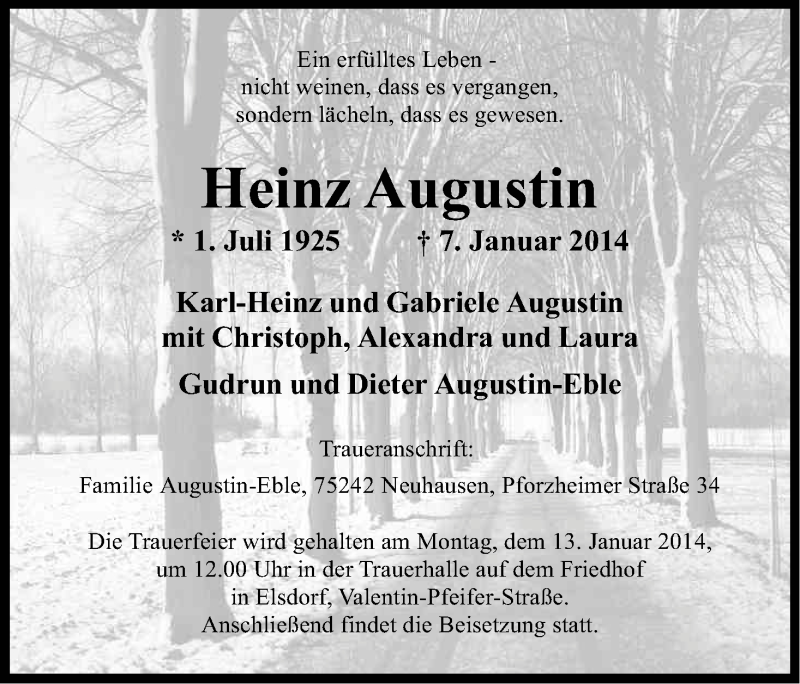 Traueranzeige für Heinz Augustin vom 11.01.2014 aus Kölner Stadt-Anzeiger / Kölnische Rundschau / Express