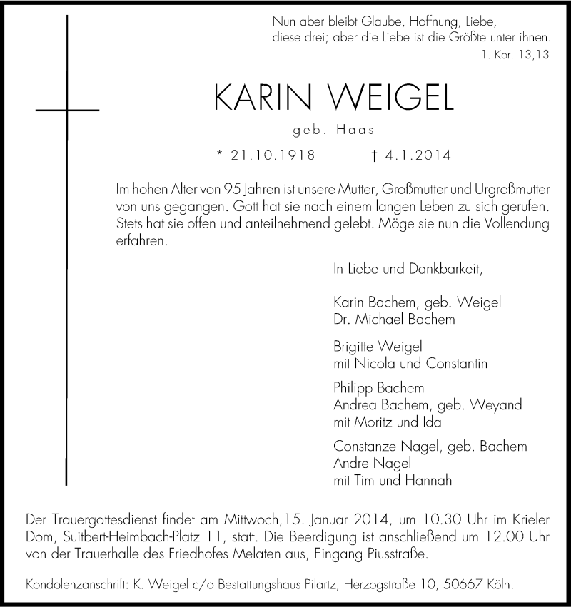  Traueranzeige für Karin Weigel vom 11.01.2014 aus Kölner Stadt-Anzeiger / Kölnische Rundschau / Express