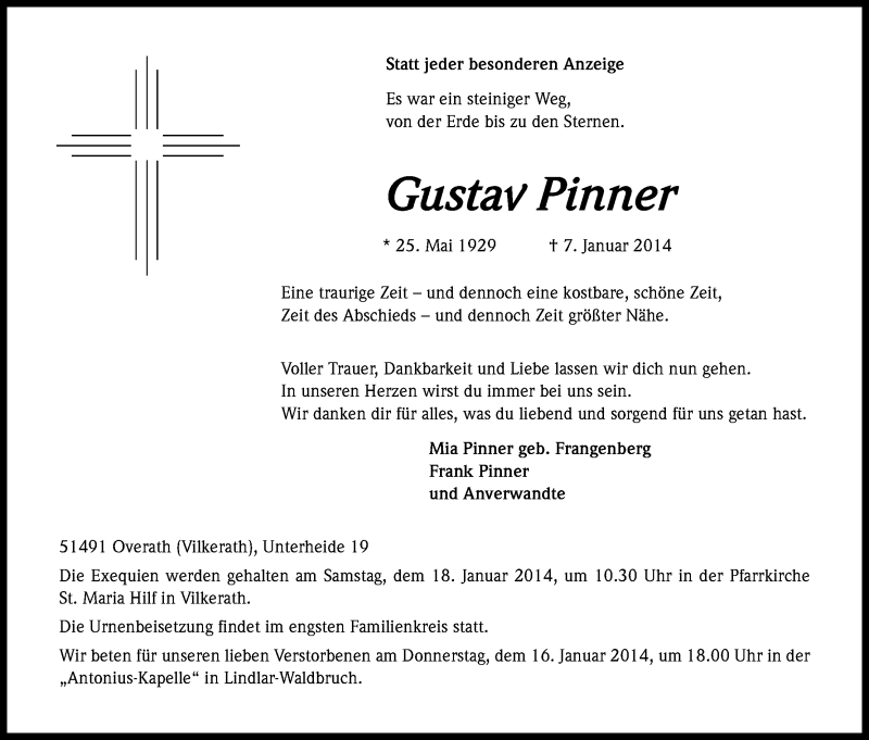  Traueranzeige für Gustav Pinner vom 11.01.2014 aus Kölner Stadt-Anzeiger / Kölnische Rundschau / Express