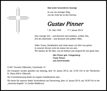 Anzeige von Gustav Pinner von Kölner Stadt-Anzeiger / Kölnische Rundschau / Express