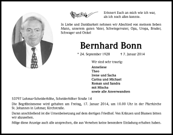Anzeige von Bernhard Bonn von Kölner Stadt-Anzeiger / Kölnische Rundschau / Express