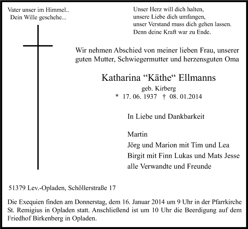  Traueranzeige für Katharina Ellmanns vom 11.01.2014 aus Kölner Stadt-Anzeiger / Kölnische Rundschau / Express