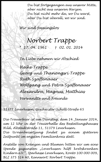 Anzeige von Norbert Trappe von Kölner Stadt-Anzeiger / Kölnische Rundschau / Express
