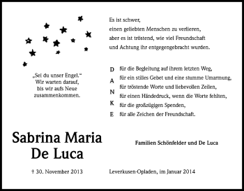 Anzeige von Sabrina Maria De Luca von Kölner Stadt-Anzeiger / Kölnische Rundschau / Express
