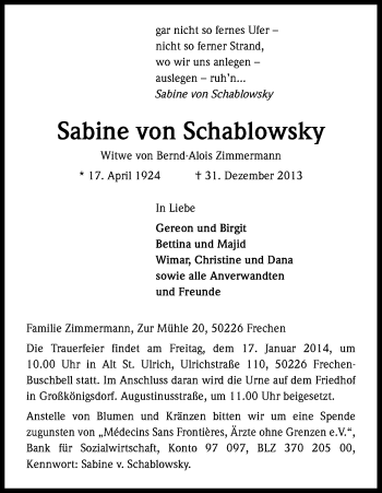 Anzeige von Sabine von Schablowsky von Kölner Stadt-Anzeiger / Kölnische Rundschau / Express