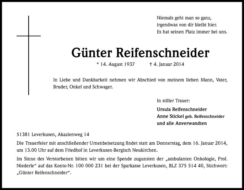  Traueranzeige für Günter Reifenschneider vom 13.01.2014 aus Kölner Stadt-Anzeiger / Kölnische Rundschau / Express