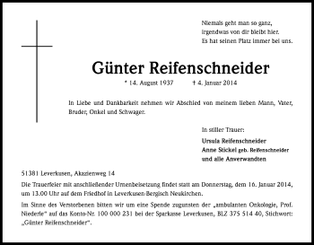 Anzeige von Günter Reifenschneider von Kölner Stadt-Anzeiger / Kölnische Rundschau / Express