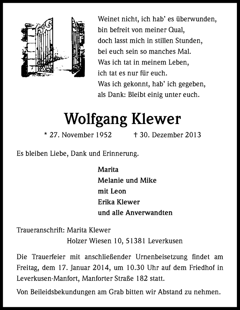  Traueranzeige für Wolfgang Klewer vom 18.07.2023 aus Kölner Stadt-Anzeiger / Kölnische Rundschau / Express