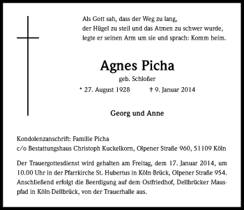Anzeige von Agnes Picha von Kölner Stadt-Anzeiger / Kölnische Rundschau / Express
