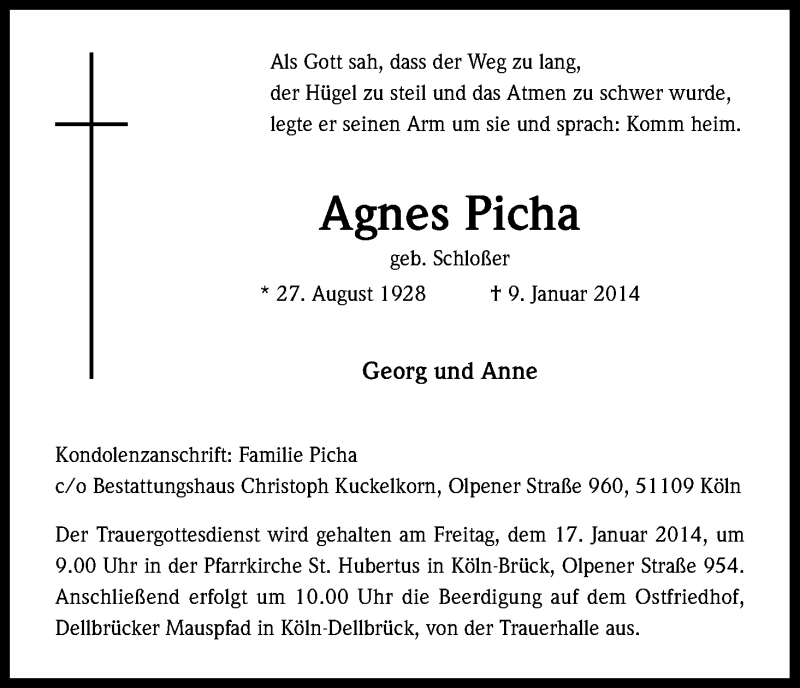  Traueranzeige für Agnes Picha vom 15.01.2014 aus Kölner Stadt-Anzeiger / Kölnische Rundschau / Express
