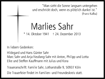 Anzeige von Marlies Sahr von Kölner Stadt-Anzeiger / Kölnische Rundschau / Express