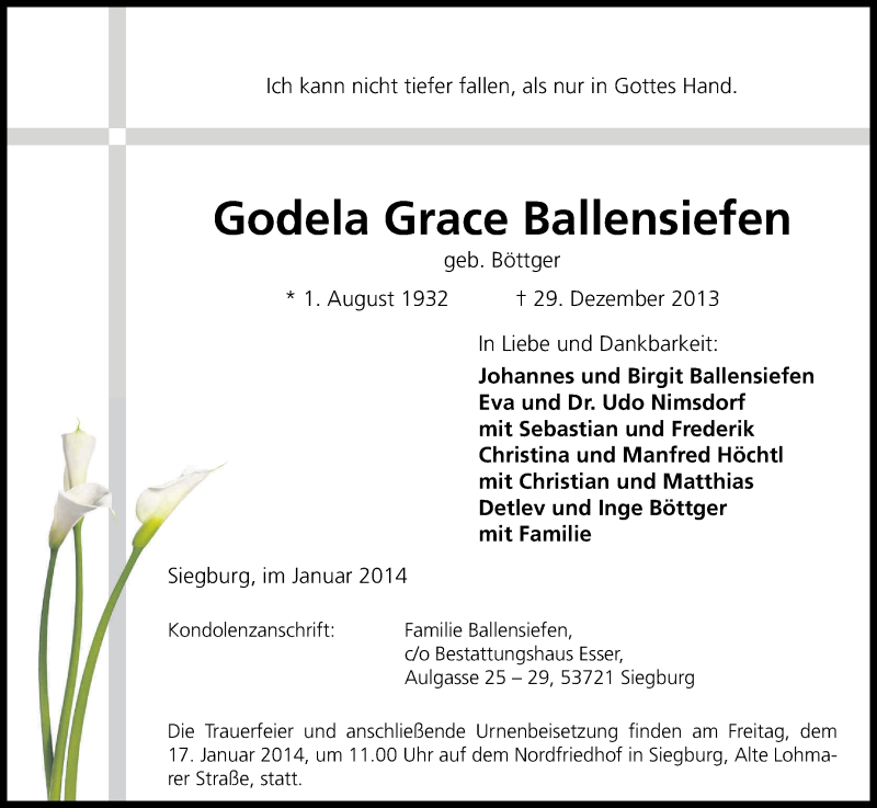  Traueranzeige für Godela Grace Ballensiefen vom 11.01.2014 aus Kölner Stadt-Anzeiger / Kölnische Rundschau / Express