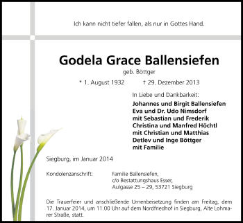 Anzeige von Godela Grace Ballensiefen von Kölner Stadt-Anzeiger / Kölnische Rundschau / Express