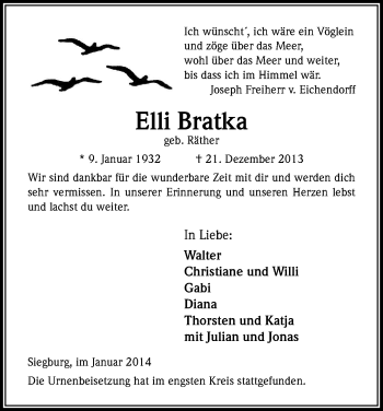 Anzeige von Elli Bratka von Kölner Stadt-Anzeiger / Kölnische Rundschau / Express