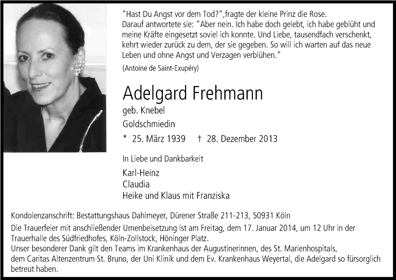  Traueranzeige für Adelgard Frehmann vom 11.01.2014 aus Kölner Stadt-Anzeiger / Kölnische Rundschau / Express