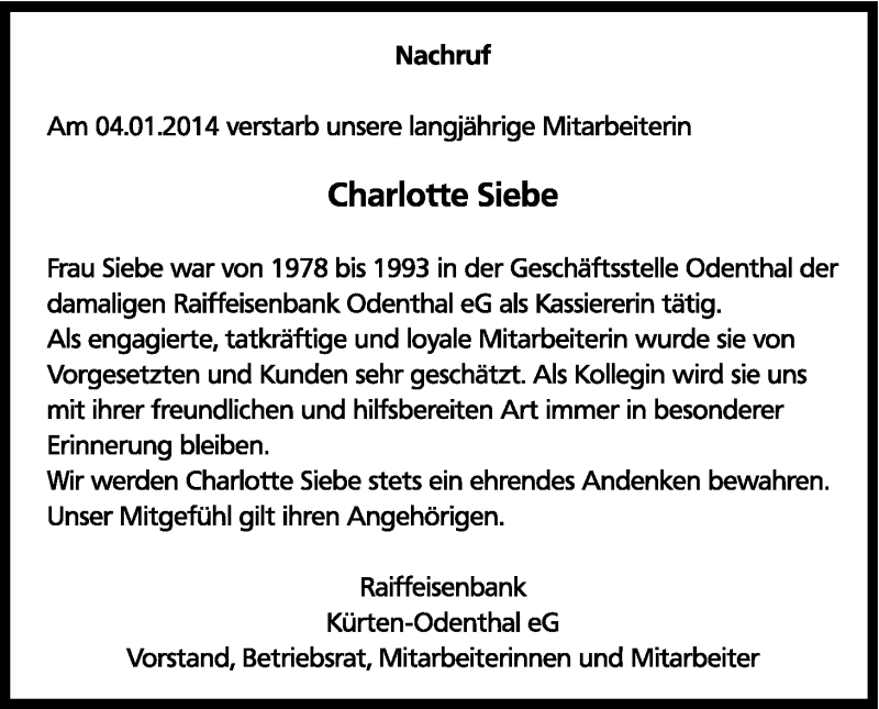  Traueranzeige für Charlotte Siebe vom 11.01.2014 aus Kölner Stadt-Anzeiger / Kölnische Rundschau / Express