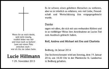 Anzeige von Lucie Hillmann von Kölner Stadt-Anzeiger / Kölnische Rundschau / Express
