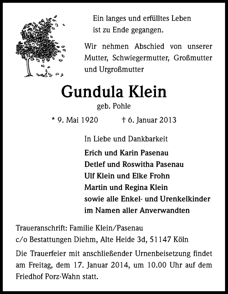  Traueranzeige für Gundula Klein vom 11.01.2014 aus Kölner Stadt-Anzeiger / Kölnische Rundschau / Express