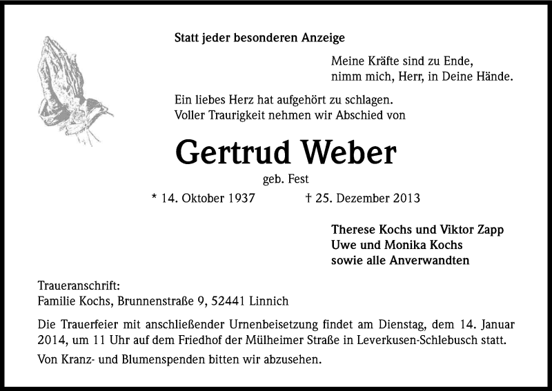  Traueranzeige für Gertrud Weber vom 11.01.2014 aus Kölner Stadt-Anzeiger / Kölnische Rundschau / Express