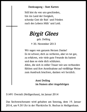 Anzeige von Birgit Glees von Kölner Stadt-Anzeiger / Kölnische Rundschau / Express