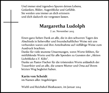 Anzeige von Margartha Ludolph von Kölner Stadt-Anzeiger / Kölnische Rundschau / Express