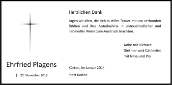 Anzeige von Ehrfried Plagens von Kölner Stadt-Anzeiger / Kölnische Rundschau / Express