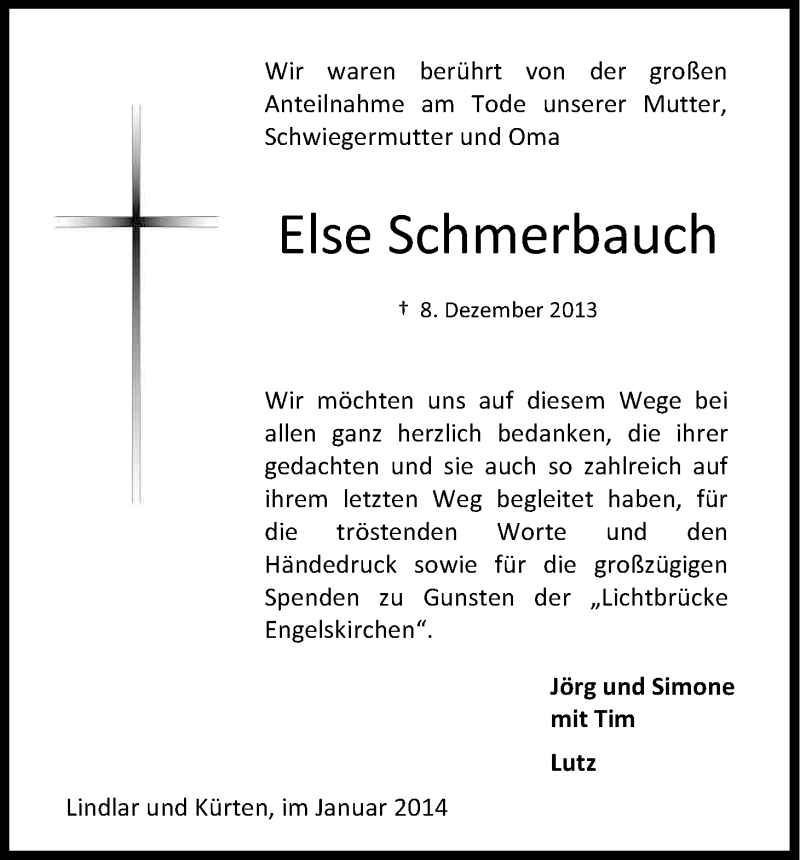  Traueranzeige für Else Schmerbauch vom 11.01.2014 aus Kölner Stadt-Anzeiger / Kölnische Rundschau / Express