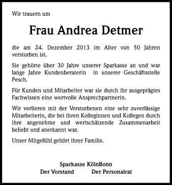 Anzeige von Andrea Detmer von Kölner Stadt-Anzeiger / Kölnische Rundschau / Express