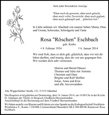Anzeige von Rosa Eschbach von Kölner Stadt-Anzeiger / Kölnische Rundschau / Express