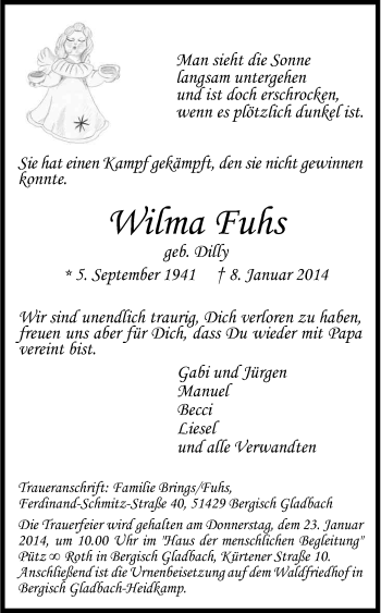 Anzeige von Wilma Fuhs von Kölner Stadt-Anzeiger / Kölnische Rundschau / Express