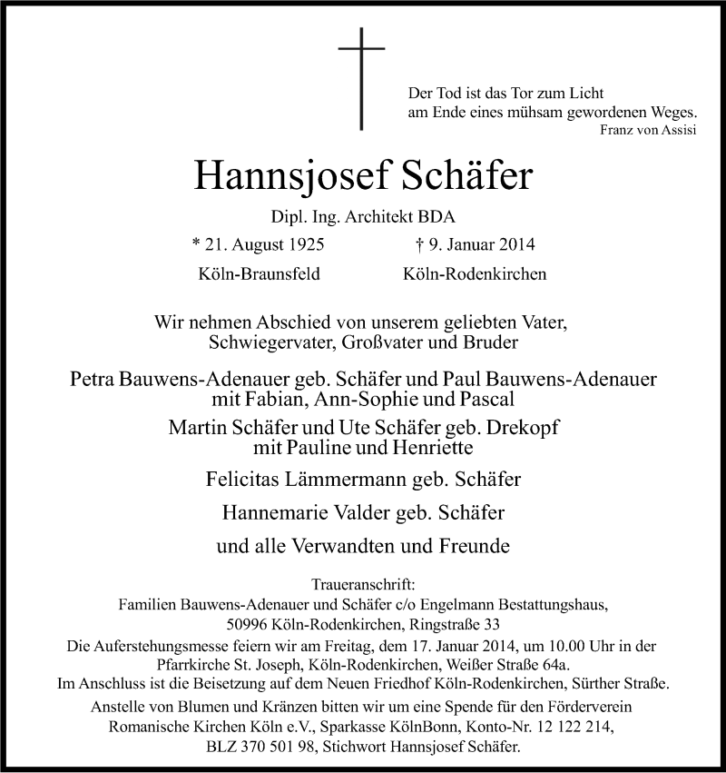  Traueranzeige für Hannsjosef Schäfer vom 11.01.2014 aus Kölner Stadt-Anzeiger / Kölnische Rundschau / Express