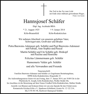 Anzeige von Hannsjosef Schäfer von Kölner Stadt-Anzeiger / Kölnische Rundschau / Express