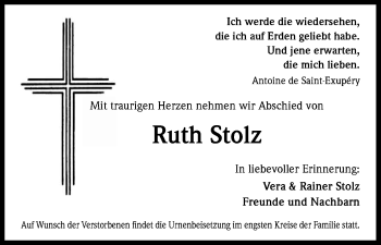 Anzeige von Ruth Stolz von Kölner Stadt-Anzeiger / Kölnische Rundschau / Express