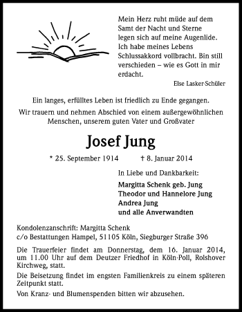 Anzeige von Josef Jung von Kölner Stadt-Anzeiger / Kölnische Rundschau / Express