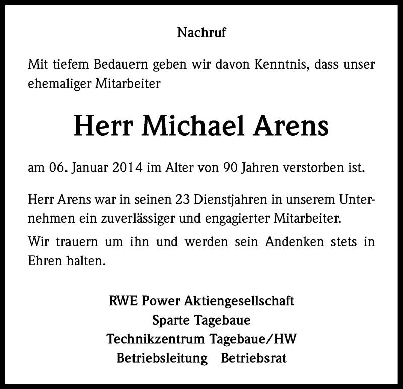  Traueranzeige für Michael Arens vom 13.01.2014 aus Kölner Stadt-Anzeiger / Kölnische Rundschau / Express