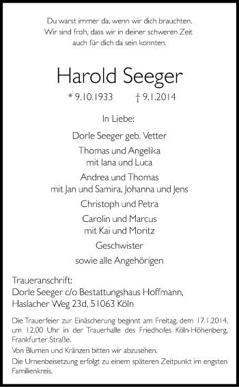 Anzeige von Harold Seeger von Kölner Stadt-Anzeiger / Kölnische Rundschau / Express