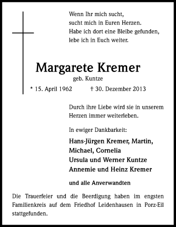 Anzeige von Margarete Kremer von Kölner Stadt-Anzeiger / Kölnische Rundschau / Express