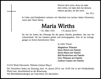 Anzeige von Maria Wirths von Kölner Stadt-Anzeiger / Kölnische Rundschau / Express