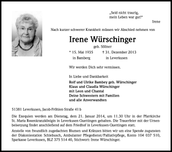 Anzeige von Irene Würschinger von Kölner Stadt-Anzeiger / Kölnische Rundschau / Express