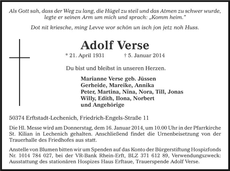  Traueranzeige für Adolf Verse vom 11.01.2014 aus Kölner Stadt-Anzeiger / Kölnische Rundschau / Express