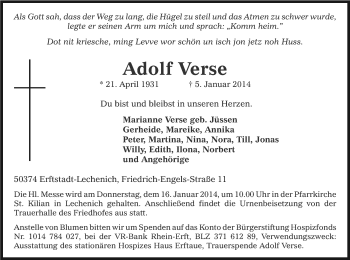 Anzeige von Adolf Verse von Kölner Stadt-Anzeiger / Kölnische Rundschau / Express
