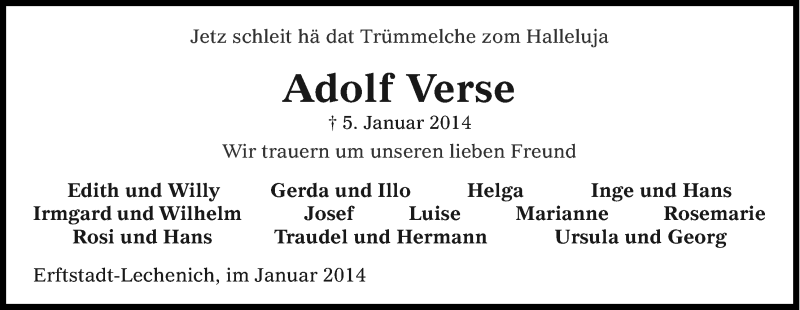  Traueranzeige für Adolf Verse vom 11.01.2014 aus Kölner Stadt-Anzeiger / Kölnische Rundschau / Express