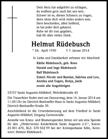 Anzeige von Helmut Rüdebusch von Kölner Stadt-Anzeiger / Kölnische Rundschau / Express
